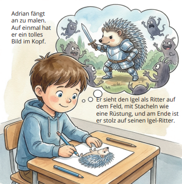 Adrian malt einen Igel als Ritter
